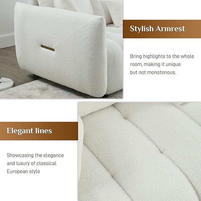 Teddy Cloud Sofa Couch Comfy Upholstered Sherpa Deep Seat Boucle Sofa Cozy Modern 3 Seater Couch with 3 Pillows Oversized Loveseat for Living Room Apartment Office Beige White