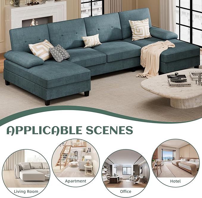Vongrasig Sectional Couch for Living Room U-Shaped Sofa with Chaise 4-seat Large Sectional Modern Couches for Living Room Apartment (Blue)