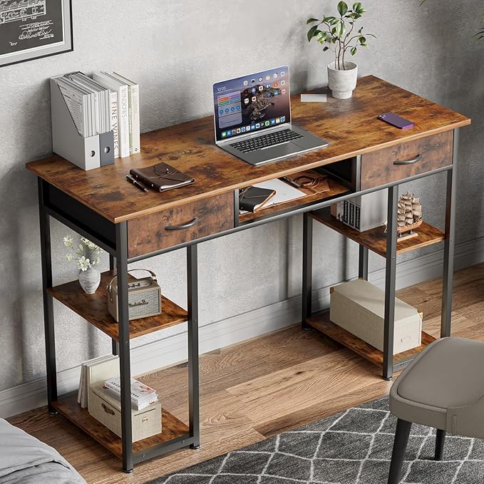 Sweetcrispy Desk with Fabric Drawers Computer Office 48 Inch Gaming Writing Study 4 Storage Shelves Table for Home Office Bedroom PC Desk Pure Brown