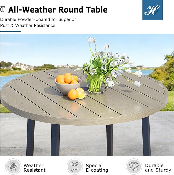 42 Round Patio Dining Table for 4 All-Weather Metal Patio Table with Umbrella Hole Outdoor Round Dining Table for Lawn Garden Porch Honey Oak