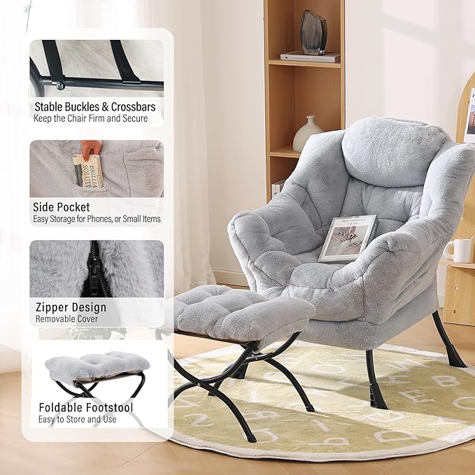 Lazy Chair with Ottoman Modern Accent Chair with Armrests and a Side Pocket Plush Grey Accent Chairs Reading Chairs Oversized Armchairs for Bedroom Study Living Room Courtyard