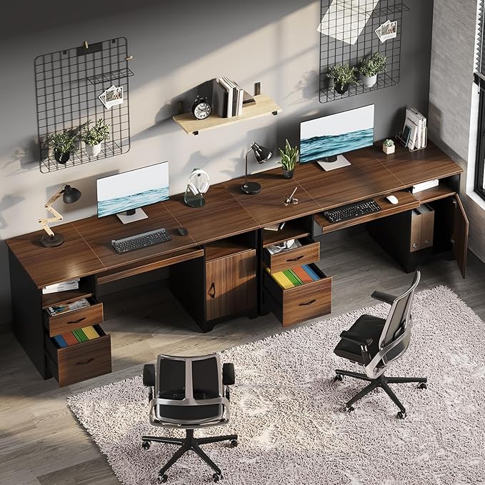 Bestier 59” Executive Desk with 2 Drawers Computer Desk with Storage Cabinet Industrial Wood Desk with File Drawer Keyboard Tray &amp 2 Pedestals for Home Office &amp Studio Cherry