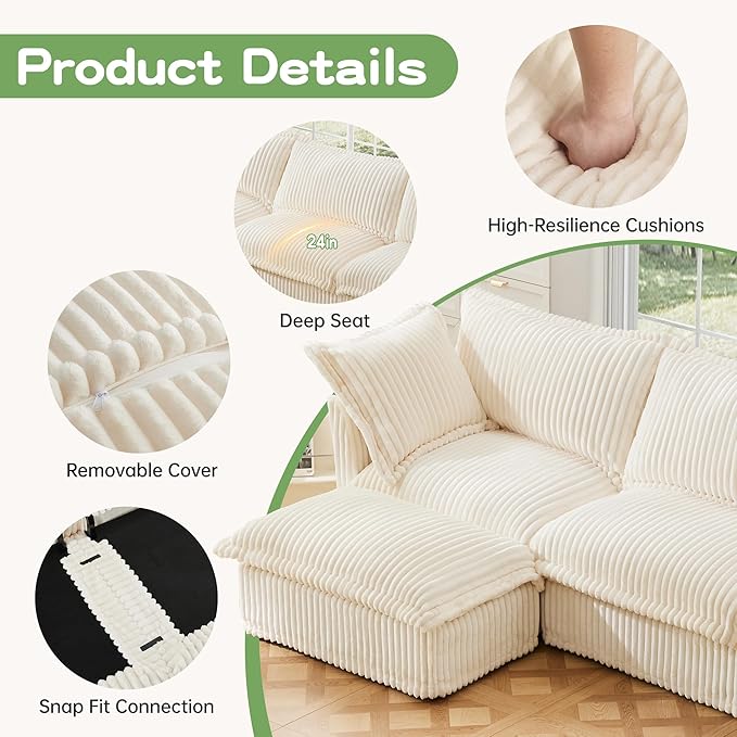 Modular Accent Armchair with Ottoman and Pillows Soft Corduroy Lounge Chair for Living Room Bedroom or Reading Nook – Oversized Chaise Lounge Design (White Single Chair)