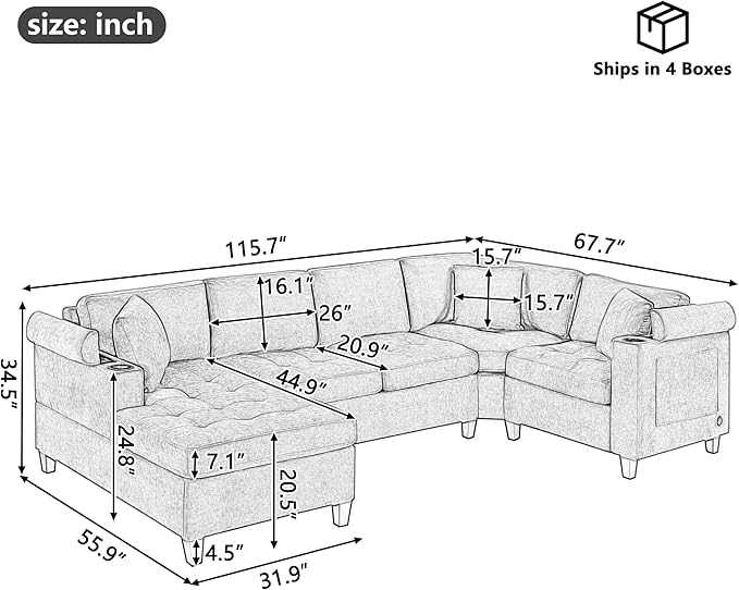 Modern U-Shaped Sectional Sofa 115.7 Corner Sectional Living Room Couch Oversized Sectional with Built-in Cup Holders Storage Space and USB Ports for Living Room (Grey-X22)