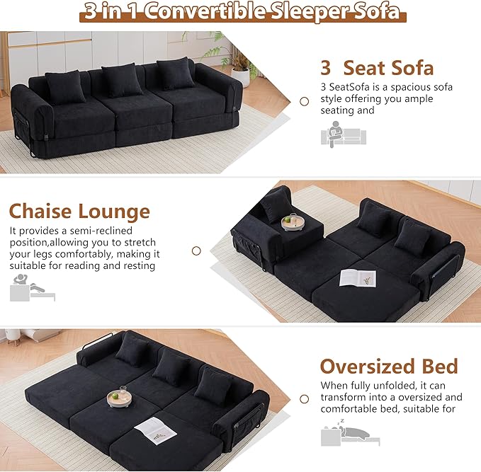 Cloud Modular Sectional Sofa Foldable Floor Couch Bed Convertible Sleeper Sofa Bed Fold Out Boneless Couches for Living Room Office Guest Room Apartment (3 Seater Couch Black)