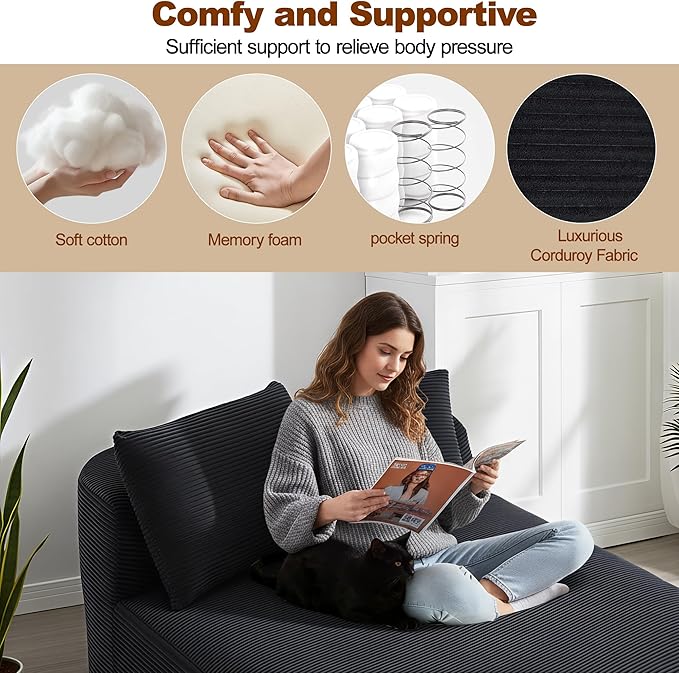 Chaise Lounge Chair Indoor 67.5 Oversized Boneless Couch Could Comfy Upholstered Sleeper Sofa Bed Corduroy Plush Modern Curved Floor Sofas Chair with 2 Pillows for Readng Living Room Bedroom Apartment