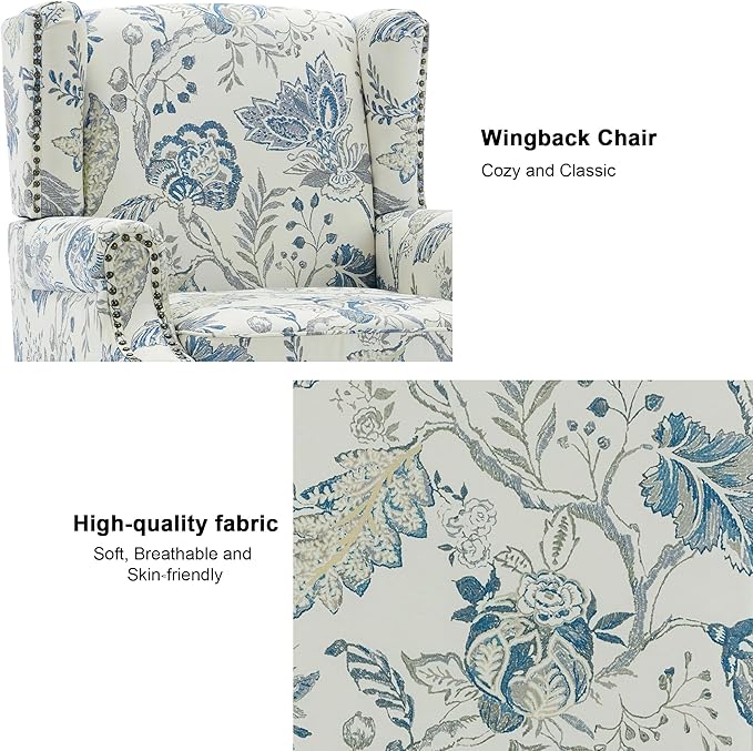 Floral High Back Accent Chair Upholstered Armchair with Solid Wood Legs Comfy Wingback Reading Single Sofa Chair for Small Spaces Living Room Bedroom(Floral Plants Blue Set of 2)