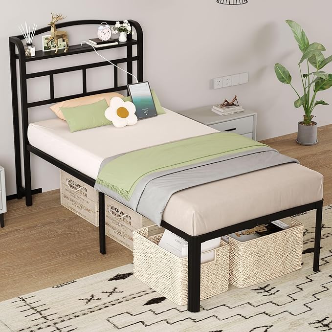 18 Inch Metal Bed Frame - Twin Size Black Heavy Duty Bedframe Platform Basic Mattress Foundation with Headboard &amp Charging Station No Box Spring Needed/Easy Assembly/Noise-Free
