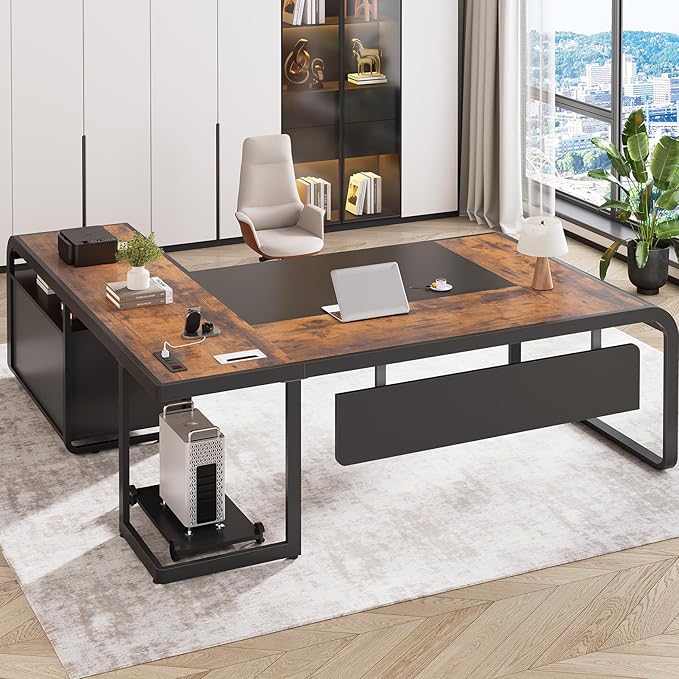 SEDETA 61 Inch Executive Desk Large Office Desk with File Drawer L Shaped Desk with Drawers Computer Desk with Mobile CPU Stand Storage Shelves Power Outlets for Home Office Rustic Brown