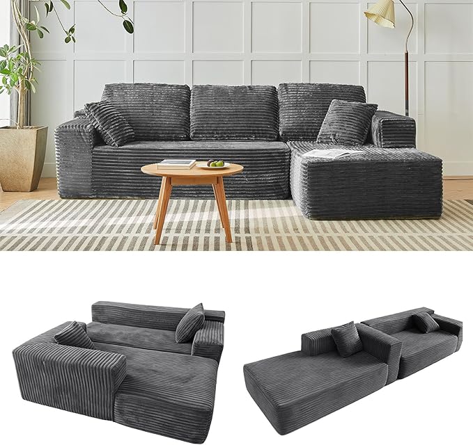 104 Cloud Modular Sectional Couch Comfort L Shaped Sofa with Deep Seat Modern Upholstered Couches for Living Room Bedroom No Assembly Required Grey (Plush Corduroy)