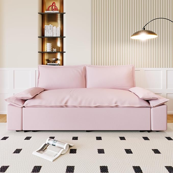 GNIXUU 73.2 Queen Pull Out Sofa Bed Velvet Convertible Sleeper Sofa Couch with 2 Soft Pillows Comfy Loveseat Bed Pull Out Couch for Living Room Apartment Small Space(Pink)