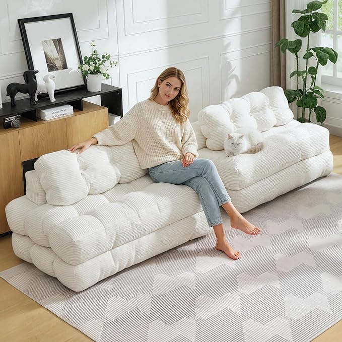 Garvee Folding Sofa Bed Convertible Sleeper Chair with Pillow Foldable Mattress with Back Support Boneless Fold Out Chair Bed Comfy Floor Sofa Lounge for Living Room Bedroom Beige Full