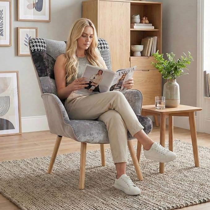 Joysoul Living Room Accent Chair Modern High Back Arm Chair Houndstooth Pattern Bohemian Style Chairs for Bedroom Waiting Room
