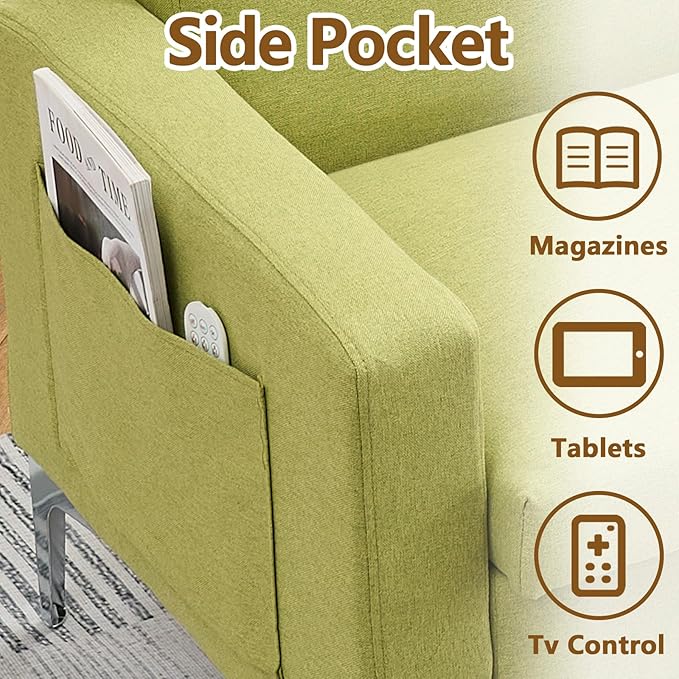 57 Green Loveseat Sofa with Storage Modern Love Seat Couches with Comfy Pillow &amp Side Pocket/Metal Legs Cozy Small Sofas for Small Spaces Living Room Bedroom Office Dorm (Blue) (Green)