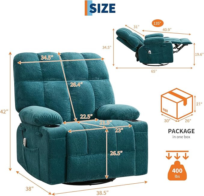 IDEALHOUSE Rocking Recliner Chair with Heat 38.5 Oversized Swivel Rocker Recliner with Massage Side Pockets &amp Cup Holders Reclining Sofa for Living Room Bedroom (Blue Terry Cloth)