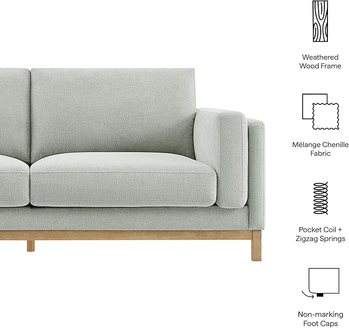 Modway Roscoe 81 Inch Fabric Sofa in Mist - Comfortable Upholstered Deep Seat Couch for Living Room Apartment or Office Seating