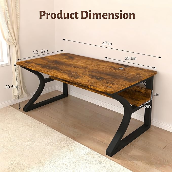 Oraspala﻿ Computer Desk 47 Inch Large Comouter Desk Home Office Desks with Storage Shelf Working Desk with Stable C-Shaped Legs Spacious Desktop for Home Office Gaming &amp Study (Brown 47inch)
