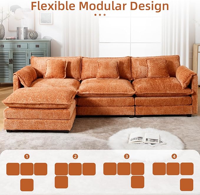 GNIXUU 112 Orange Cloud sectional Couch Modern Chenille L Shaped Couches for Living Room Comfy 4 seat Modular Sofa with Moveable Ottoman &amp Memory Foam