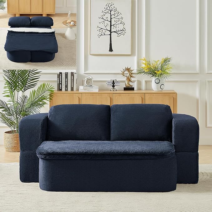 Convertible Folding Sofa Bed 75 Futon Floor Couch Modular Sleeper Loveseat Sectional Couches Boneless Cloud Plush Fluffy Fabric for Living Room Guest Room No Assembly Required Blue