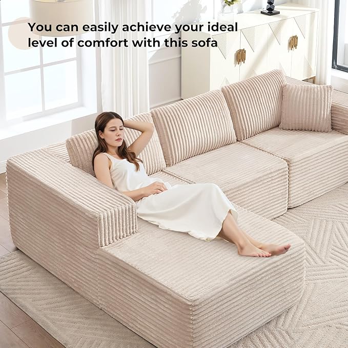 Boneless L-Shaped Modular Sectional Sofa 107 Modern Corduroy Upholstery Couch with Chaise for Living Room 3-Seater L Cloud Couches with Deep Seat No Assembly Left Facing Chaise Beige