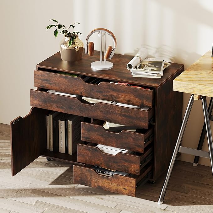 File Cabinet Rustic Filing Cabinet w/Universal Wheels Wood Printer Stand w/Storage Rolling File Cabinets for Home Office Living Dining Room (Rustic Brown 2 Large Drawers &amp 3 Small Drawers)