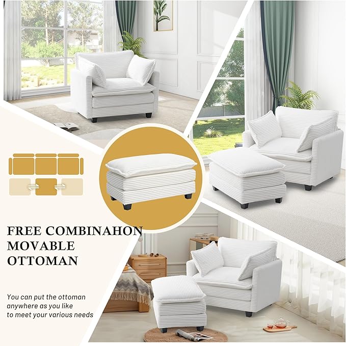 Polar Aurora Oversized Modular Sectional Sofa Chair Deep Seat Armchair Upholstered Couch 2 Armrest Pillows Single Sofa Modern Corduroy Sofa for Living Room Bedroom Apartment Office
