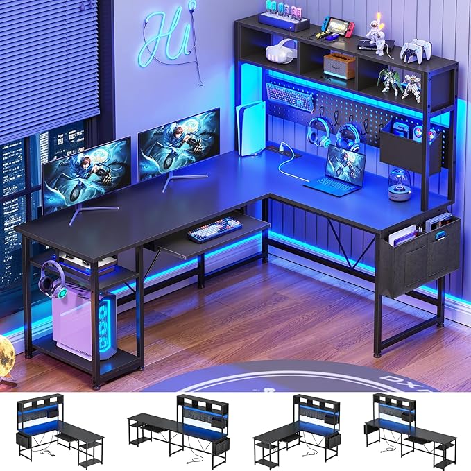 SEDETA L Shaped Gaming Desk with Hutch 57.5” Reversible Corner Computer Desk with Storage Shelves Gaming Desk with Pegboard LED Lights Power Outlet Keyboard Tray and Storage Bag Black