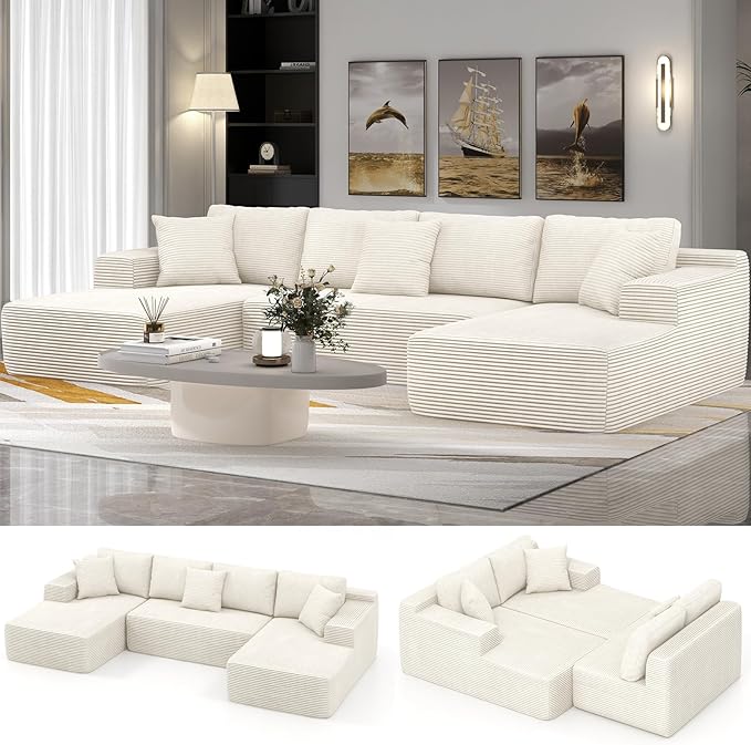 Verano Garden 133 U-Shaped Modular Sectional Sofa Modern Cloud Couch with Double Chaise Comfy Corduroy Couch with Memory Foam Deep Seat Floor Sofa No Assembly Required (Cream White)