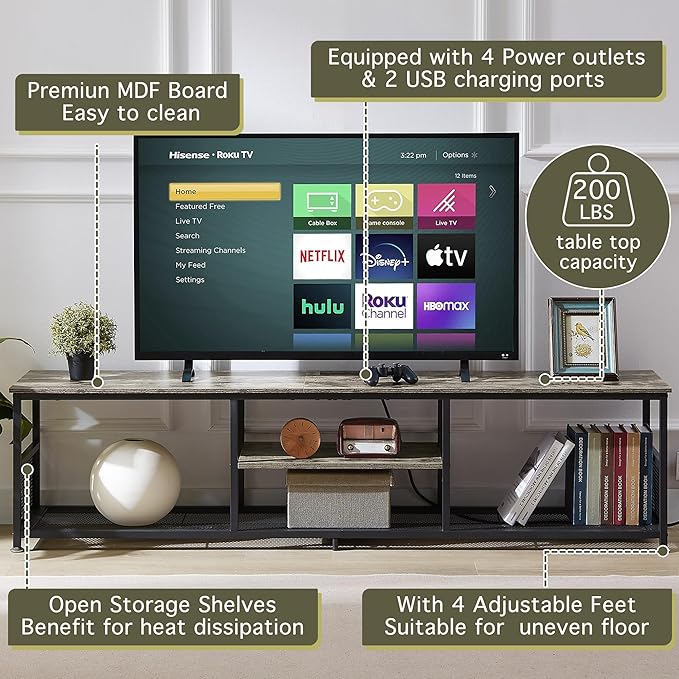 VECELO TV Stand with Power Outlets for Televisions up to 75Inch 62 Media Entertainment Center with Charging Station 3-Tier Open Storage Shelves with Metal Frame for Living Room/BedroomGrey