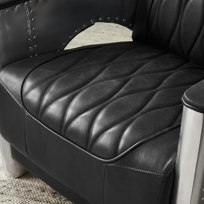Zouron Vintage Leather Accent Chair Upholstered Living Room Chair with Aluminum Legs and Handcrafted Rivets Genuine Leather Single Sofa Chair Barrel Aviator Chair Black