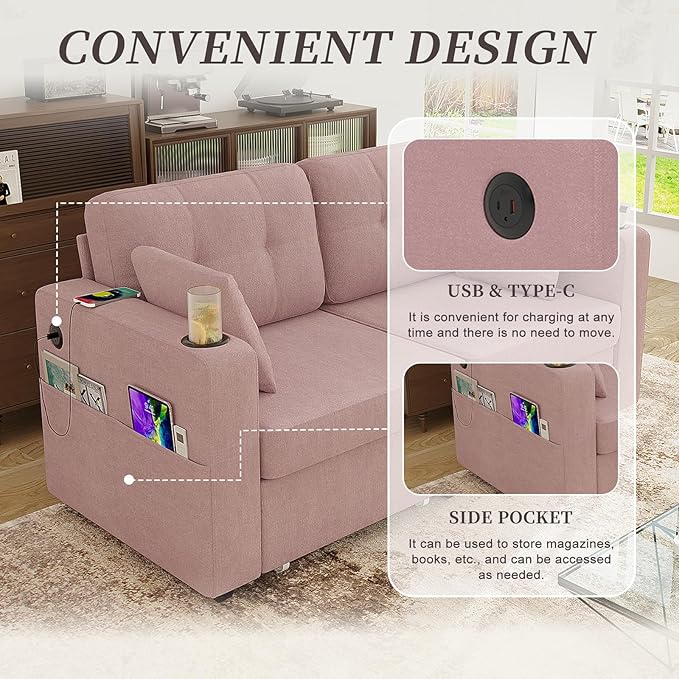67 Small Loveseat Couch with Storage USB Charging and Cup Holder Space Saving Furniture Modern Chenille Love Seat Sofa Small Couches for Small Spaces Bedroom Apartment Pink