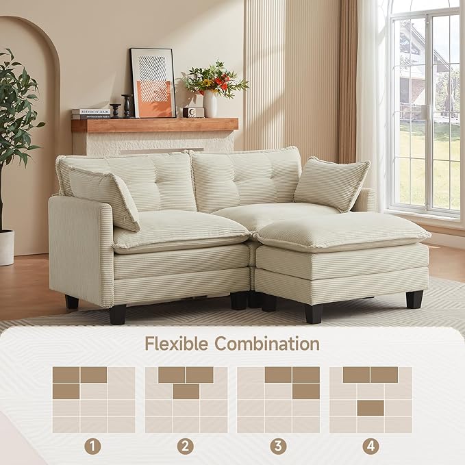 Modular Sectional Sofa 76.5 L-Shaped Corduroy Comfy Sectional Couches for Living Room 2-Seater Cloud Couches with 1 Movable Ottoman Flexible Combination Modern Deep Seat Sofa (Beige)
