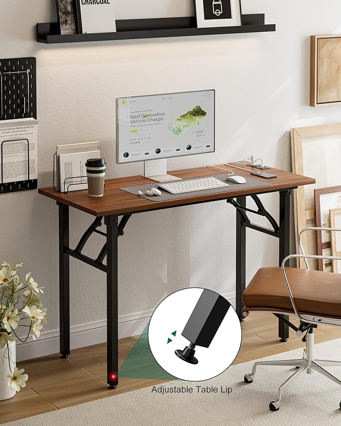 Frylr Small Folding Computer Desk – 43.3 Inch Portable Table for Craft and Study Lightweight Desk for Small Spaces Foldable Laptop Table Built-in AC/USB Outlets for Convenience Dark Walnut