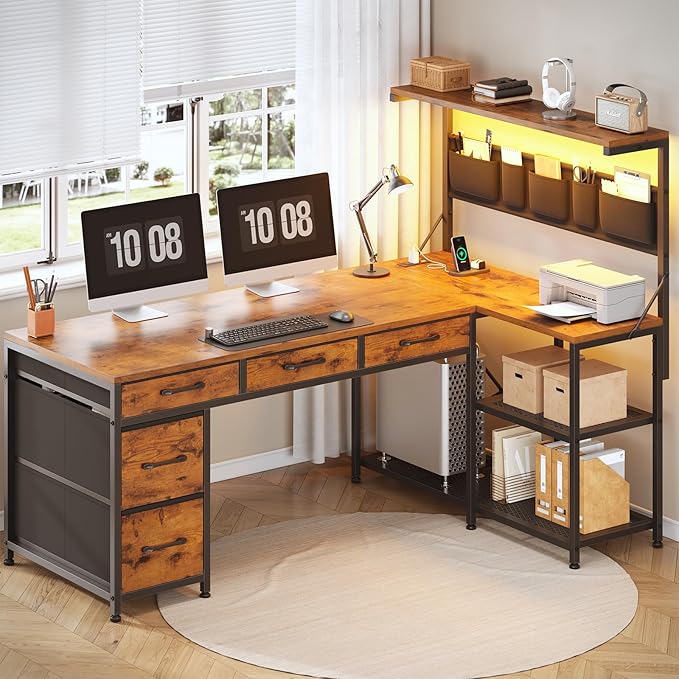 SEDETA L Shaped Desk with Drawers and Hutch 47.2 Reversible Office Computer Desk with 5 Fabric Drawers L Shaped Desk with Storage Shelves Power Outlet and LED Lights for Home Office Rustic Brown