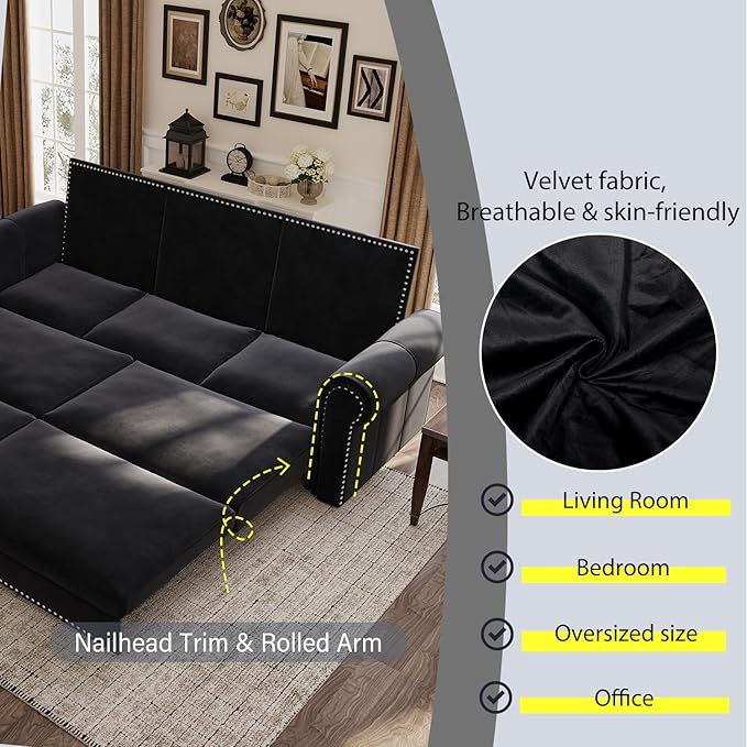 KEIKI 93.7 King Size Convertible Velvet Sofa Bed with Nailhead Trim &amp Rolled Arm Multi-Functional for Living Room Bedroom Office Black