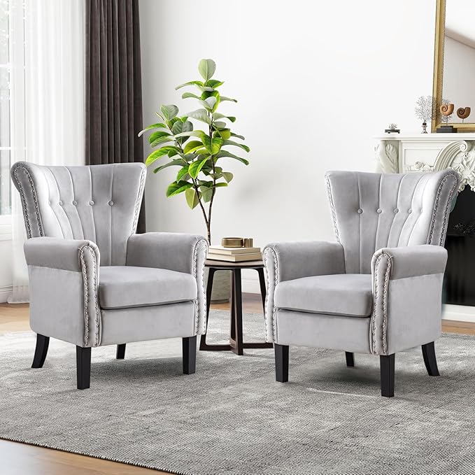 Modern Velvet Accent Chair Upholstered Tufted Armchair Wingback Chair Single Sofa Club Chair with Solid Wood LegsComfy Reading Chair for Living RoomBedroomLoungeOffice (Gray)