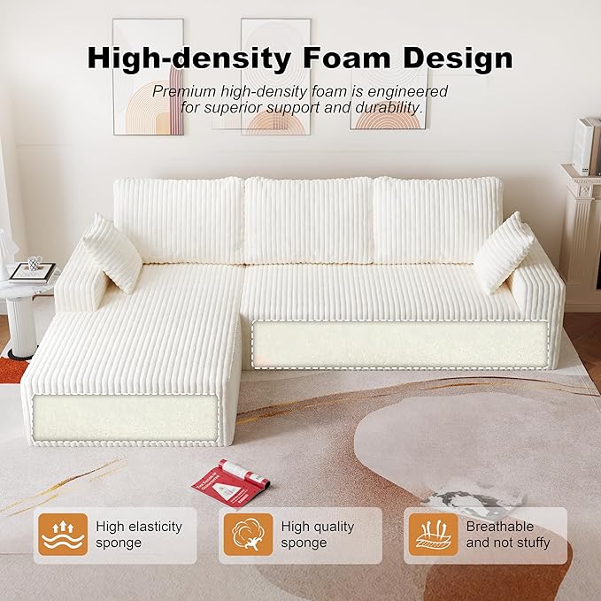 Modular Sectional Sofa 3-Seat L-Shaped Cloud Couch with Memory Foam Oversized Chaise for Living Room Breathable Fabric &amp Removable Cover