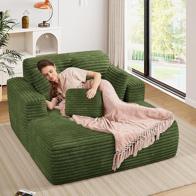 56 Oversized Chaise Lounge Chair IndoorPlush Corduroy Sleeper Sofa Couch Bed with Pillows&ampWide ArmrestsFluffy Comfy Cloud CouchCompression Foam Couch for Living RoomBedroom(Green)