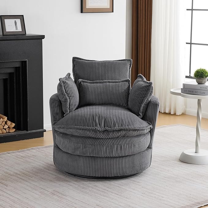 Karl home Swivel Barrel Chair-Corduroy360 Degree Modern Lounge Armchair ChairComfy Round Accent Single Sofa Chair with 3 Pillows for Living RoomBedroomLoungeHotelGrey