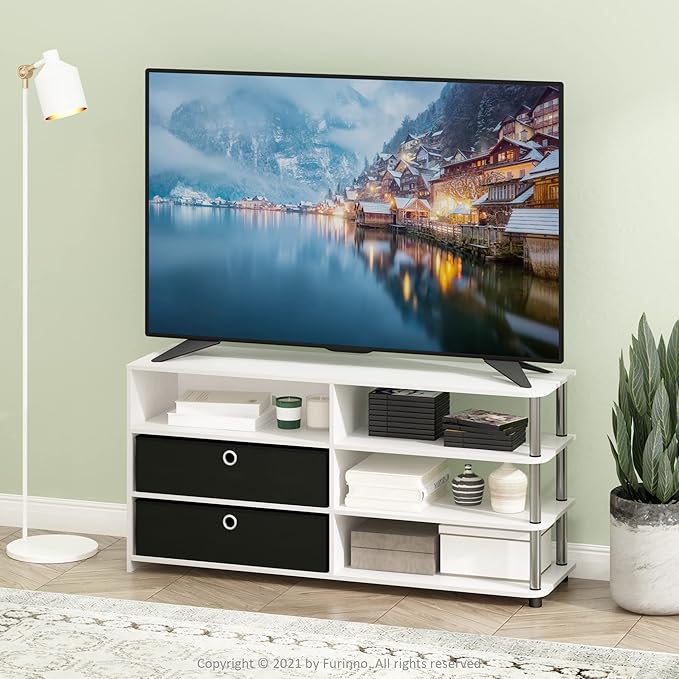 Furinno Jaya Simple Design Stand for TV up to 55-Inch with Bins White Oak/Chrome/Black