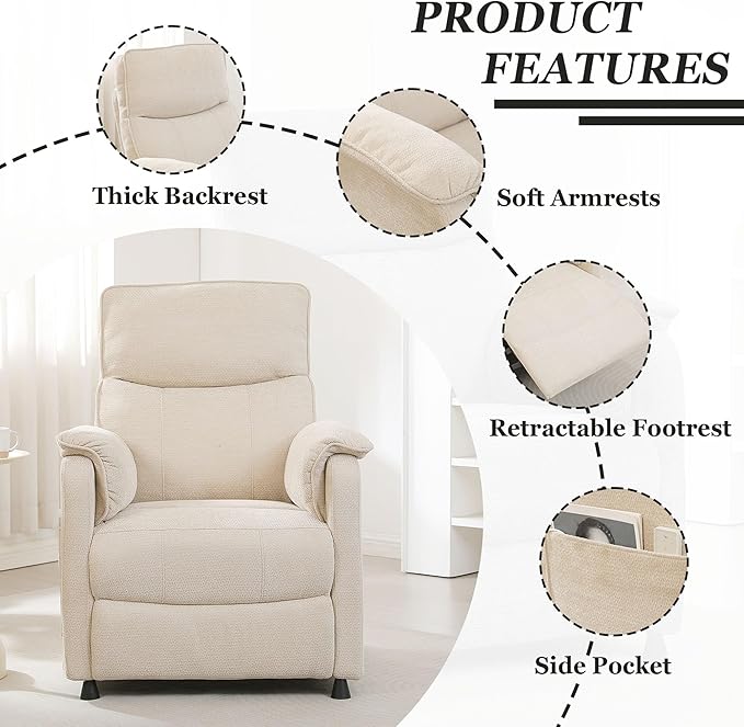 Small Electric Nursery Recliner Chairs for AdultsGrey Power Recliner Chairs with Remote &amp Side Pockets Fabric Reclining Chair for Living Room Bedroom Ofiice Comfort &amp Space-Saving (Beige)