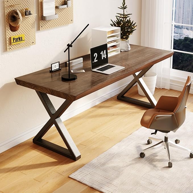 Solid Wood Desk 47 InchHome Office DeskOffice Furniture Butcher Block Studio Desk Rustic Brown Desk Heavy Duty Business Desk（Table Thickness:1.96 inches）