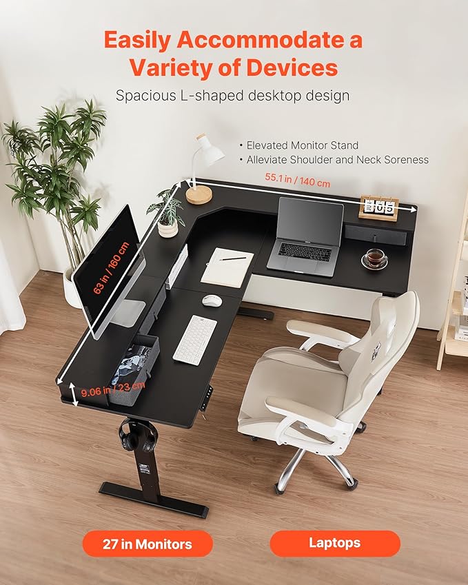 VEVOR 63'' Electric L Shaped Standing Desk 3 Memory Height 2-Tier Corner Table with 4 Drawers Storage 2 Hooks &amp Cable Hole Heavy Duty Carbon Steel Sit Stand Computer Workstation Easy to Assem