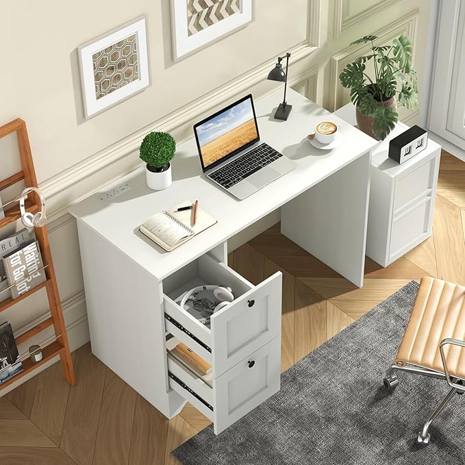 Tangkula White Desk with Drawers &amp Charging Station Wooden Home Office Desk PC Laptop Notebook Desk Compact Study Desk Writing Desk Computer Workstation Ideal for Home &amp Office