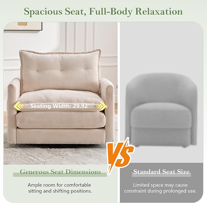 cinkehome Oversized Swivel Chair 36 Swivel Armchair Accent Chair for Living Room Mid Century Modern Thick Padded Arm Chairs Memory Foam Chenille Beige