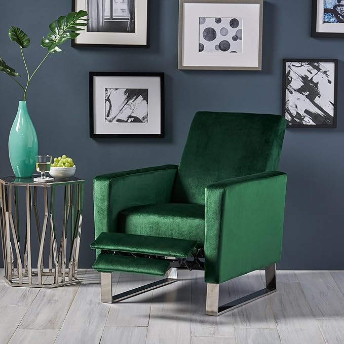 Mid-Century Fabric Rocker Recliner Chair Adjustable Single Recliner Sofa with Thicker Seat Cushion with Pocket for Living Room Bedroom Apartment (Emerald)