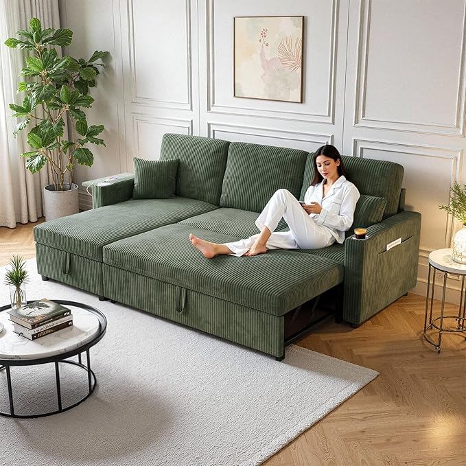 L-Shape Sleeper Sofa with Storage &amp Ports Pull-Out Couch Bed with Cup Holders Side Pockets &amp Side Table for Living Room Apartment Green