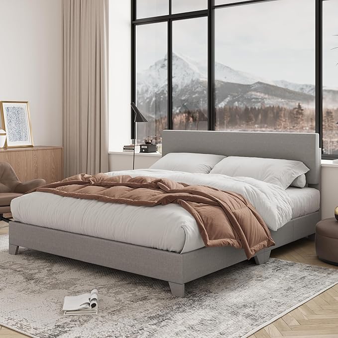 Allewie Queen Bed Frame with Upholstered Adjustable Headboard Platform Bed with Wood Slats Heavy Duty Mattress Foundation No Box Spring Needed Easy Assembly Light Grey