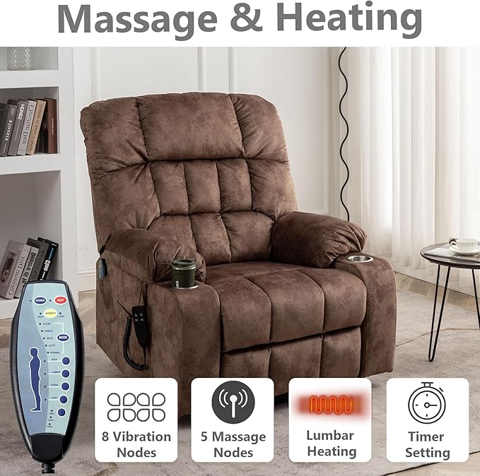 Oversized Power Lift Recliner Chair for Adult Elderly Dual Motor Lay Flat Electric Recliner with Massage &amp Heat 25.5 Wide Seat Big Tall Recliners for Living Room Velvet Brown