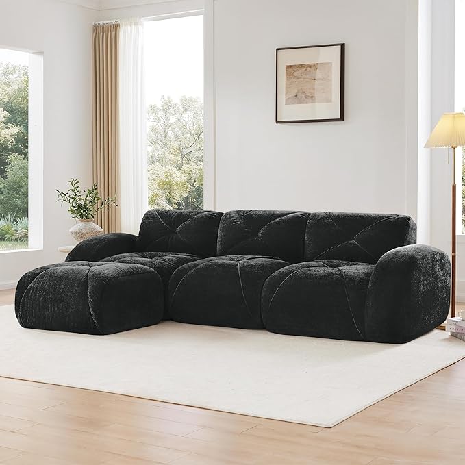 110-Inch Cloud Sectional Couches L-Shaped 4 Seat Boneless Modular Sofa with Ottoman Velvet Tufted Upholstered Boneless Couch Floor Full Foam Sofas for Living Room